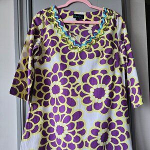 Boden Purple Yellow Floral Ribbon Trim Tunic Dress Size 8